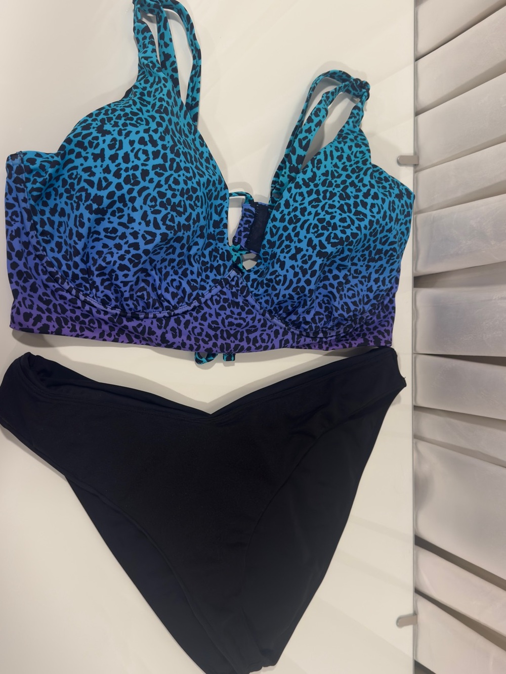 Swimsuits For All Blue to Purple Leopard Print Bikini Top with Black Bottom